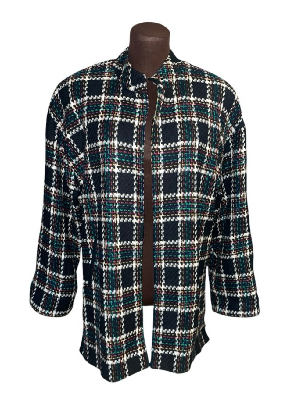 Vintage LILLI ANN Woven Wool Black Multi Color Plaid Kimono Style Jacket Blazer